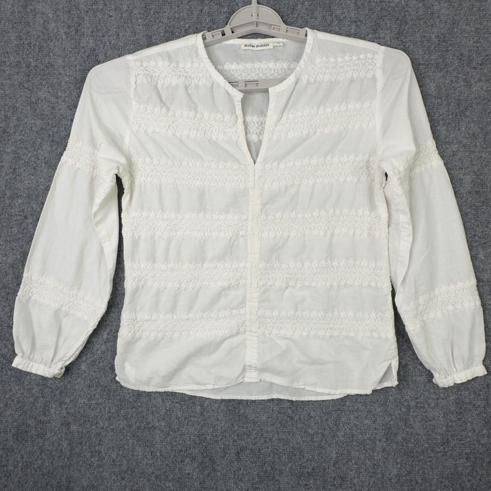 Roller Rabbit Shirt XS White Embroidered Romantic‎ Boho Peasant Cottagecore